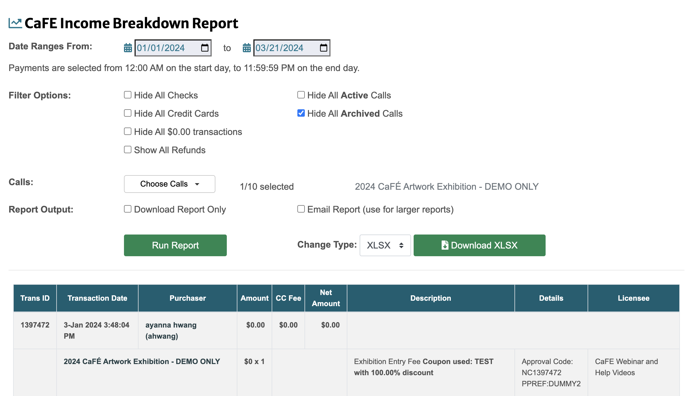 Screenshot of CaFE Income Breakdown Report