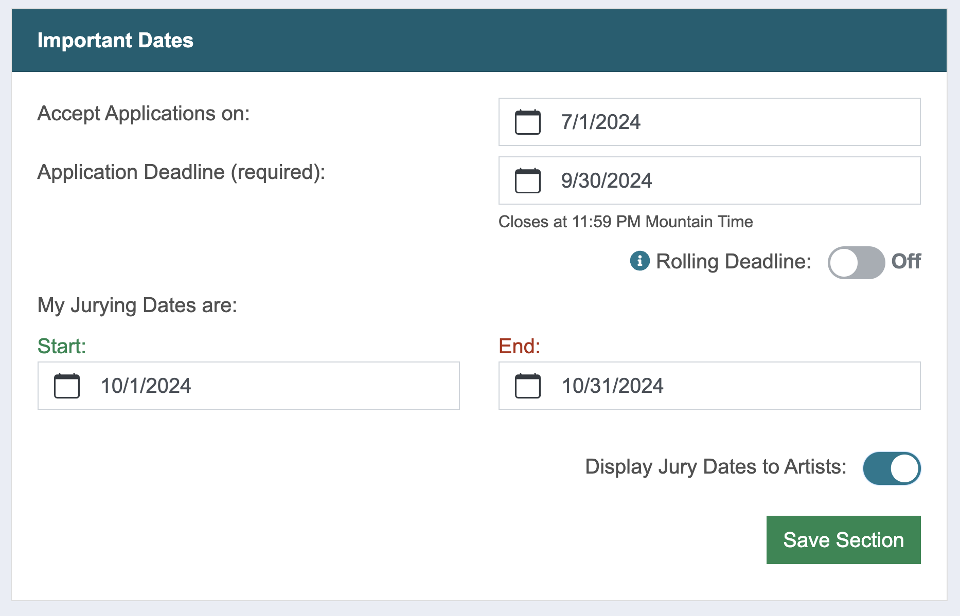 Screenshot of the important dates section where admins can set their app deadline and jury dates