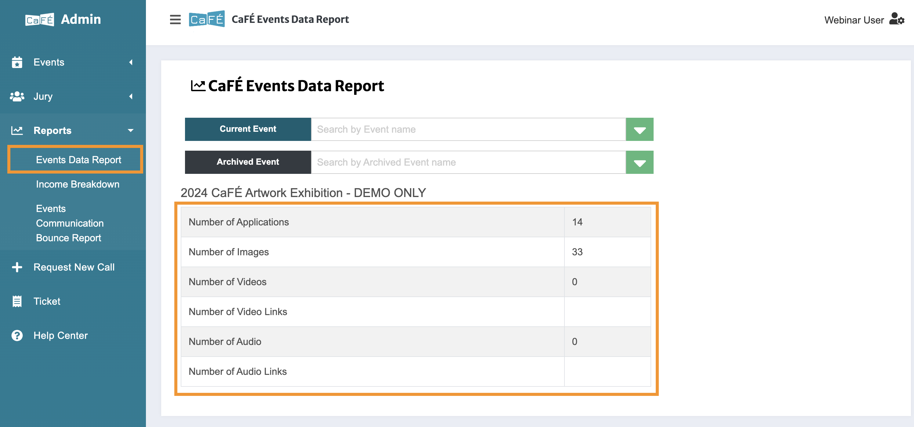 Screenshot of the Events Data Report