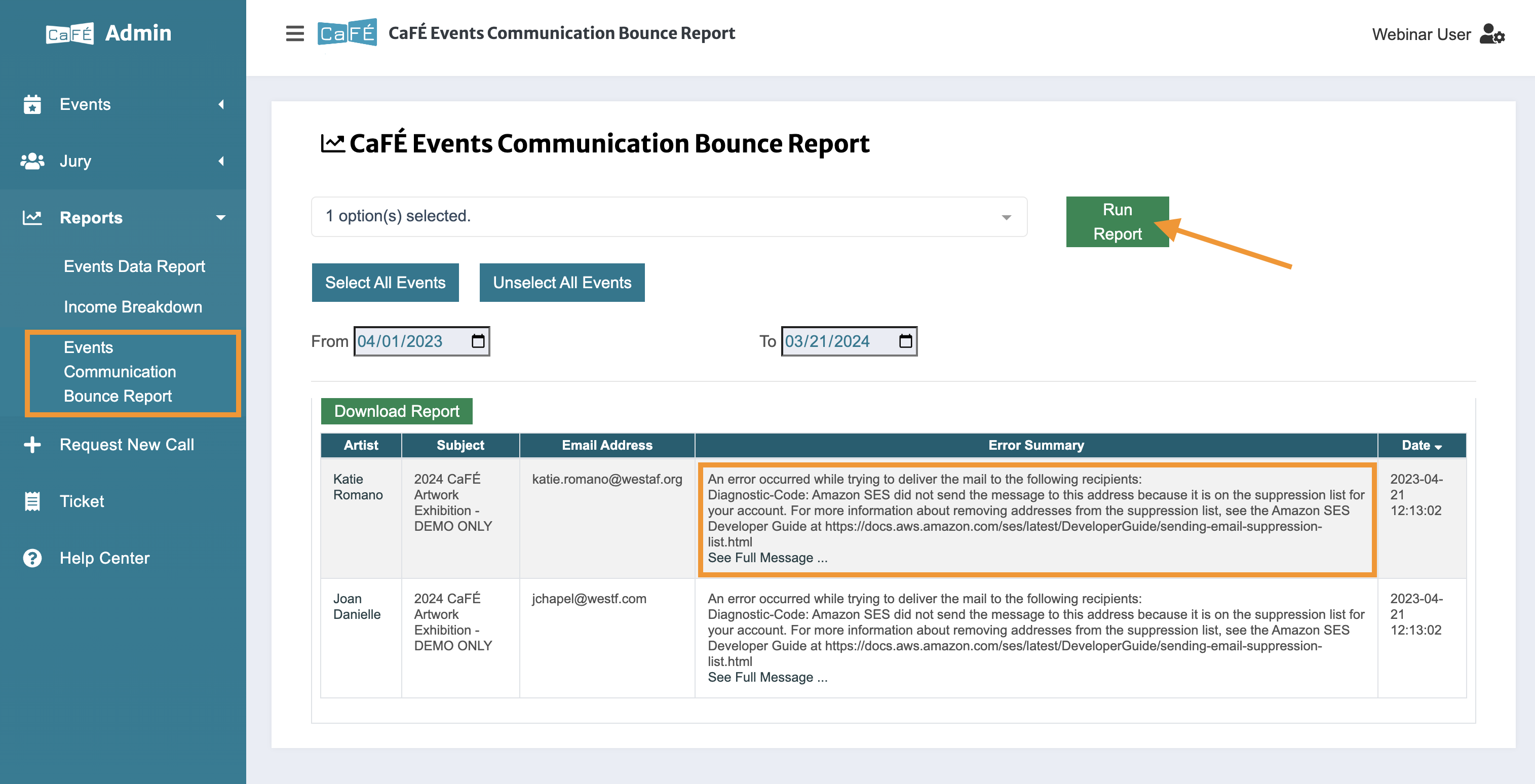 Screenshot of the Events Communication Bounce Report