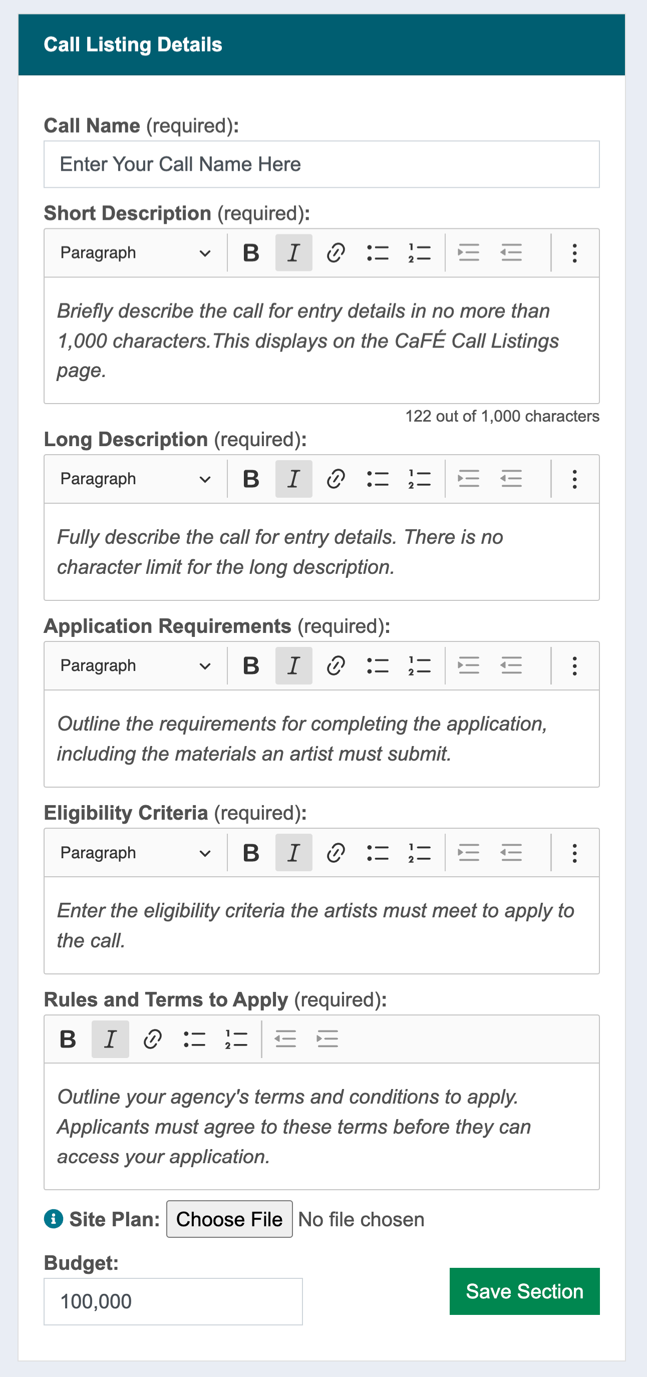 Screenshot of the Call Listing detail section where admins can list out all of their application requirements.