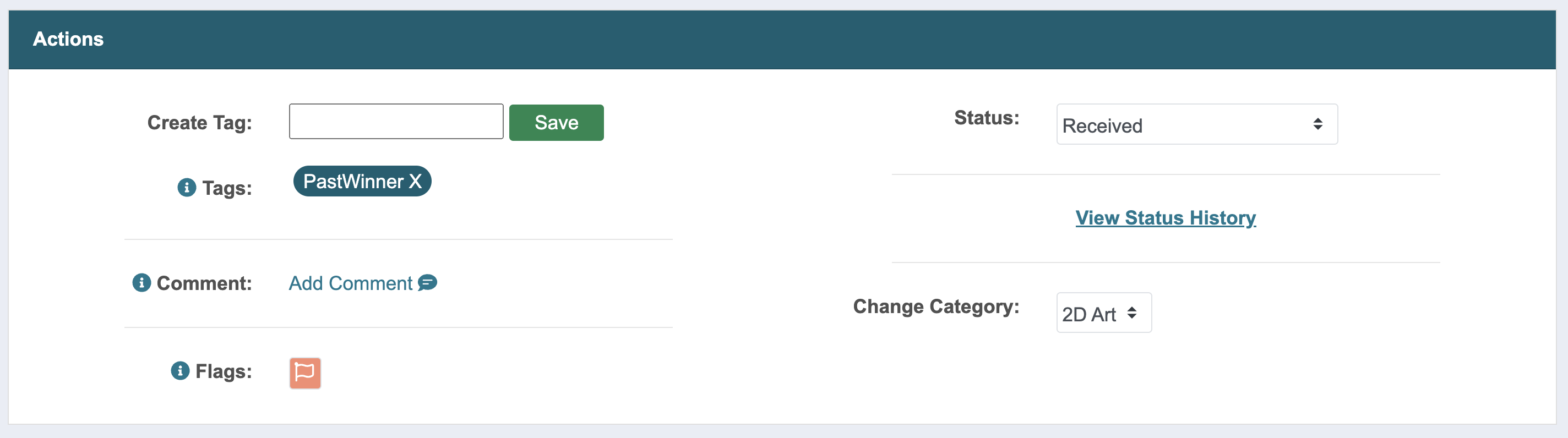 Screenshot of the Actions section of the artist application highlighting the tag, comment, flag, status, and category fields.