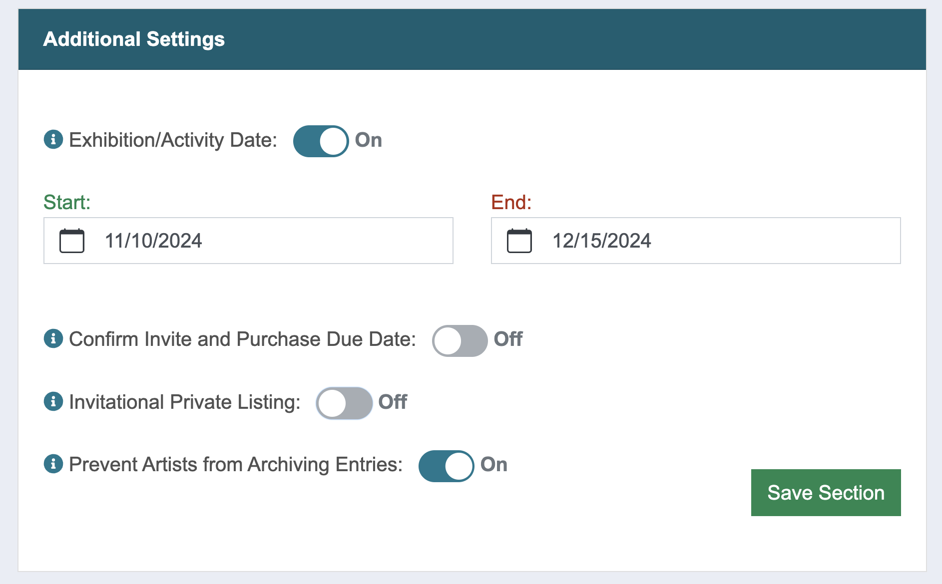 Screenshot of the additional settings section where users can determining if their call will be private, have post-deadline fees, etc.