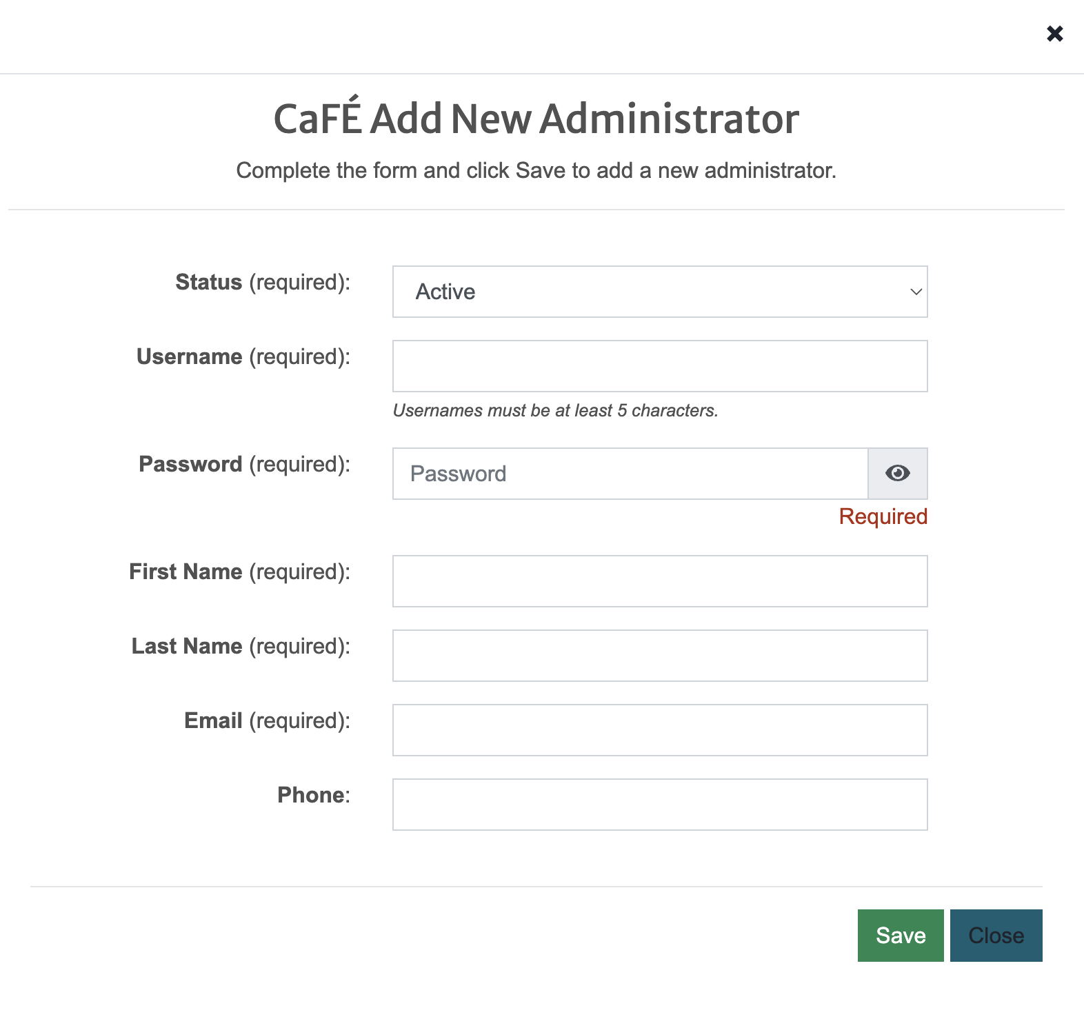 screenshot of the CaFÉ Add New Administrator page