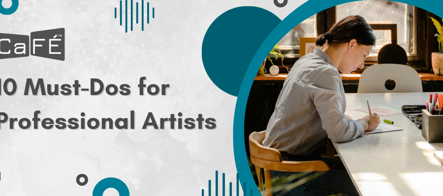 Decorative graphic with the title of the blog post, the CaFÉ logo, and a photo of an artist