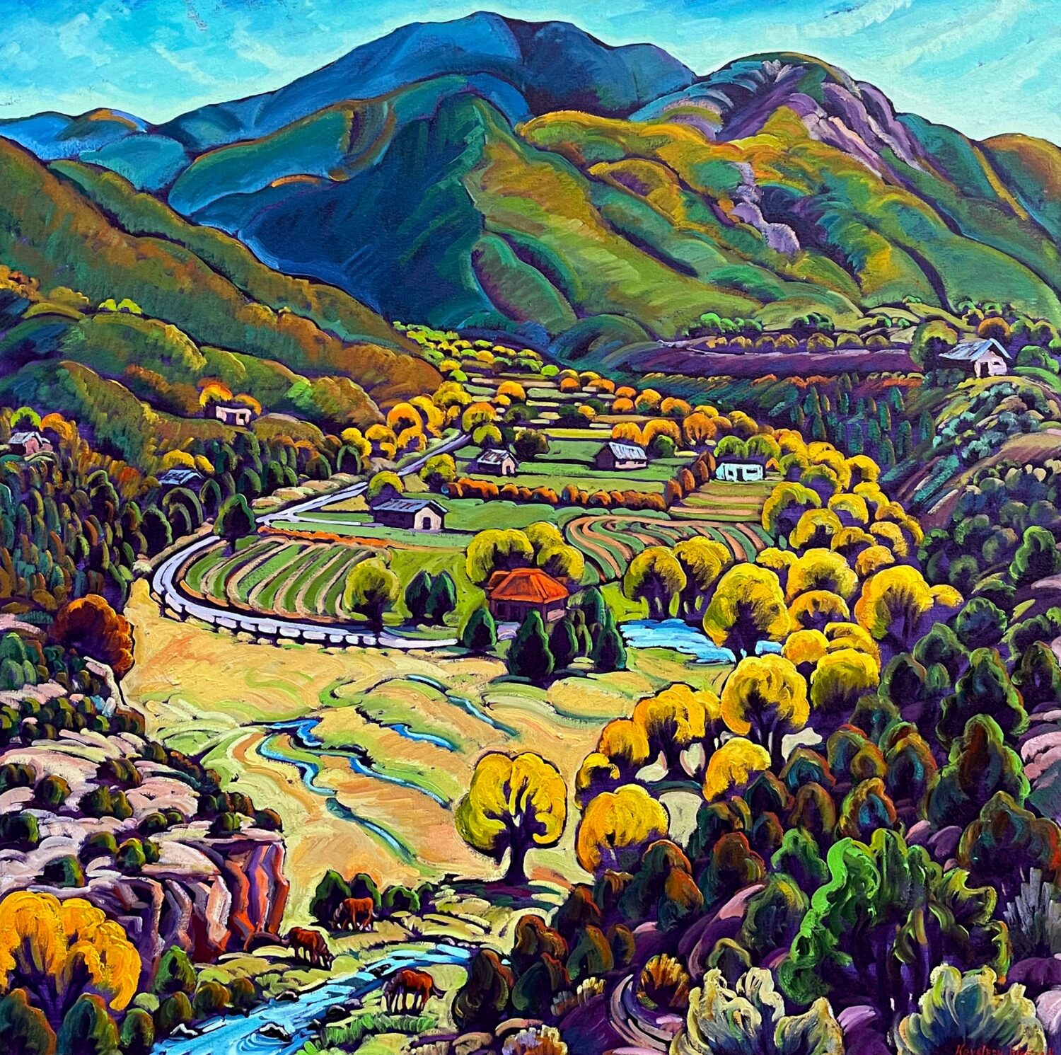 Oil painting of the Valdez Valley in New Mexico. Titled 