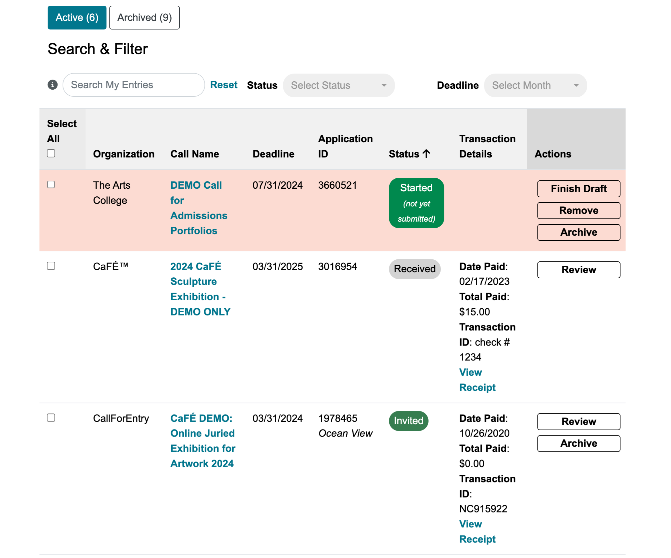 Screenshot of the My CaFÉ Entries page where three applications in different statuses are listed