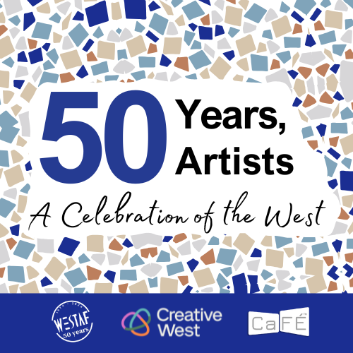 Confetti background with blues, tans, and grays. On top is text that reads: 50 Years, 50 artists A celebration of the west