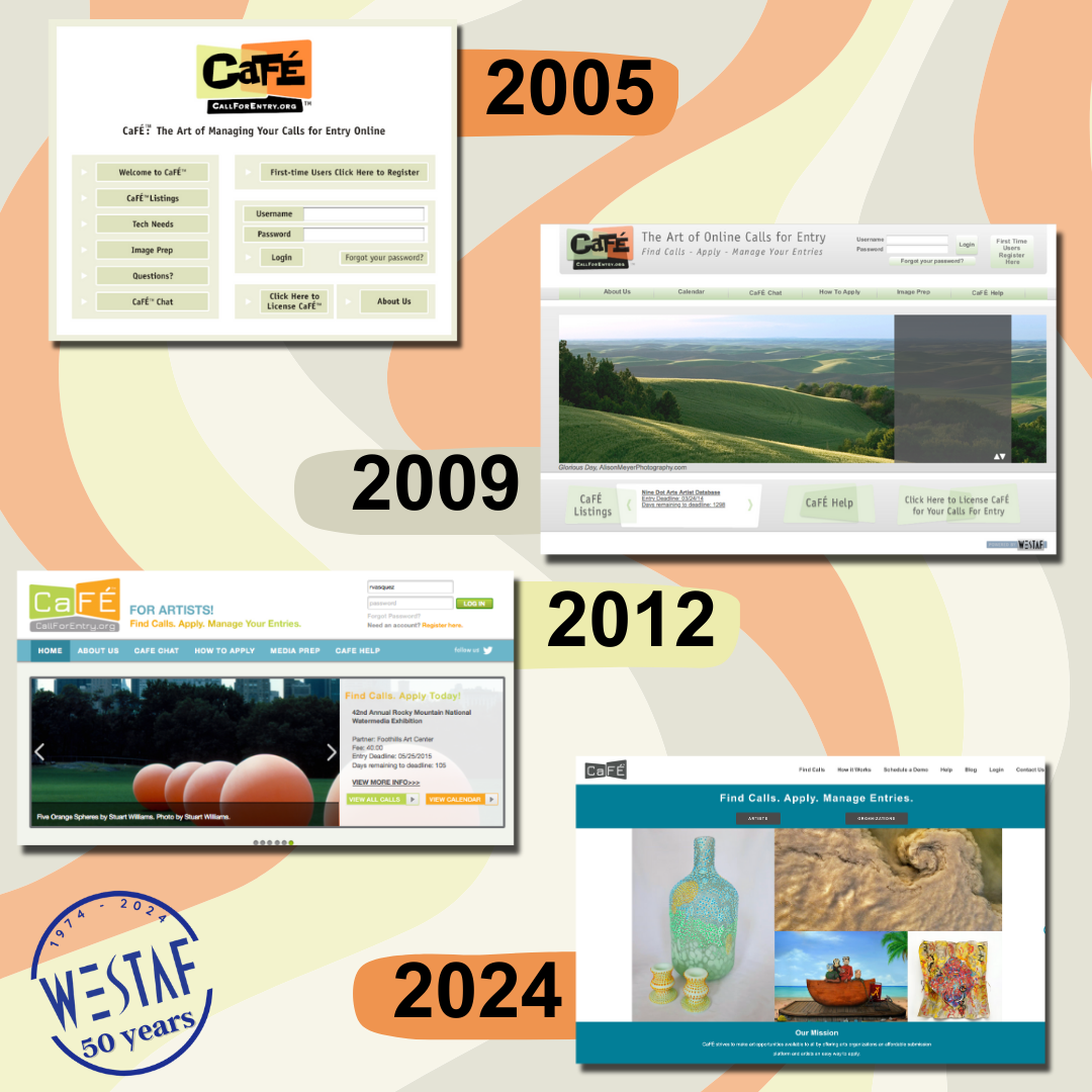 Four screenshots of the CaFÉ website from 2005 to 2024