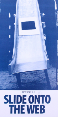 Postcard depicting a photo slide card on a metal slide with the text 