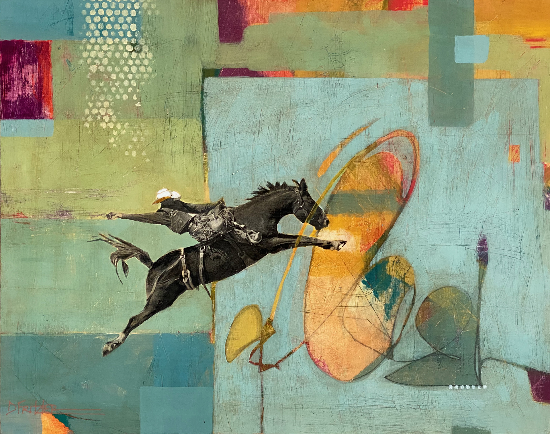 A painting of a rider on a bucking horse against an abstract, colorful background.