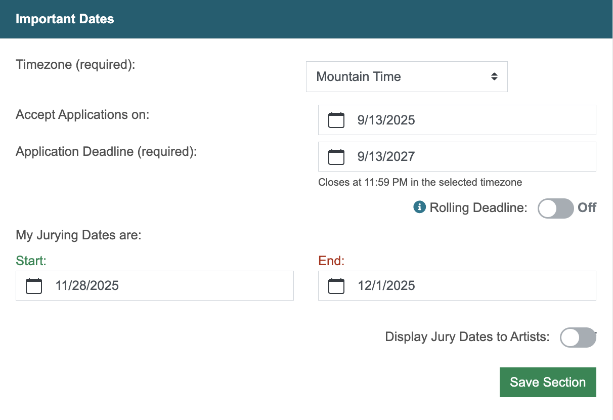 Screenshot of Important Dates textbox with fields for application open and deadline dates and jury start and end dates.