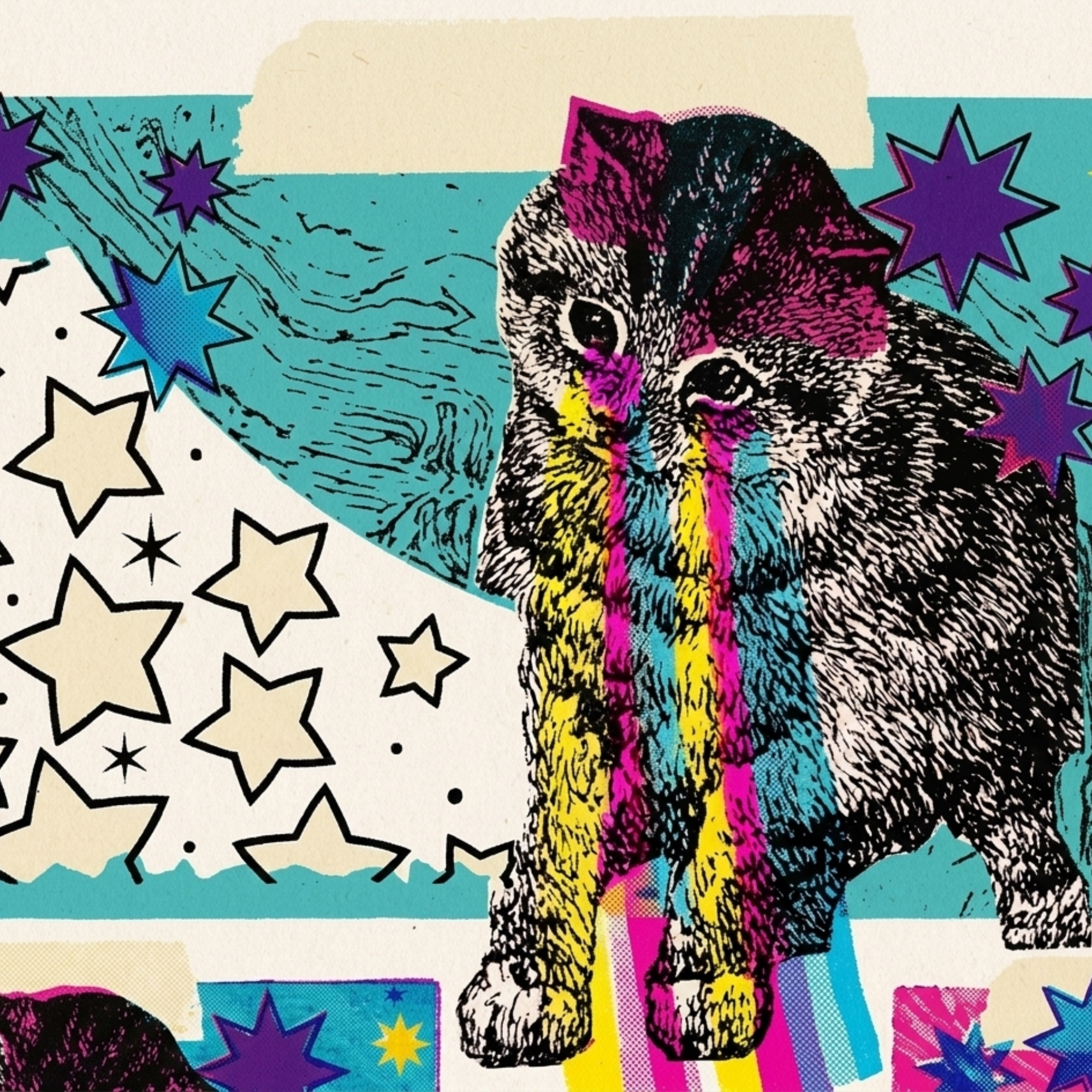 Collage artwork with cat in front of start background with lasers coming out of the eyes.